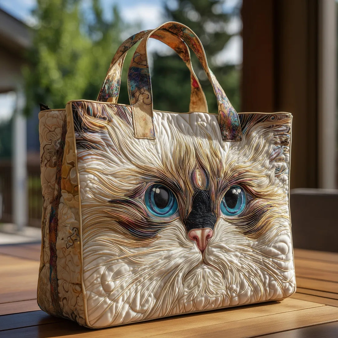 Handmade artisanal bag featuring a white cat with blue eyes design