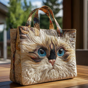 Handmade artisanal bag featuring a white cat with blue eyes design