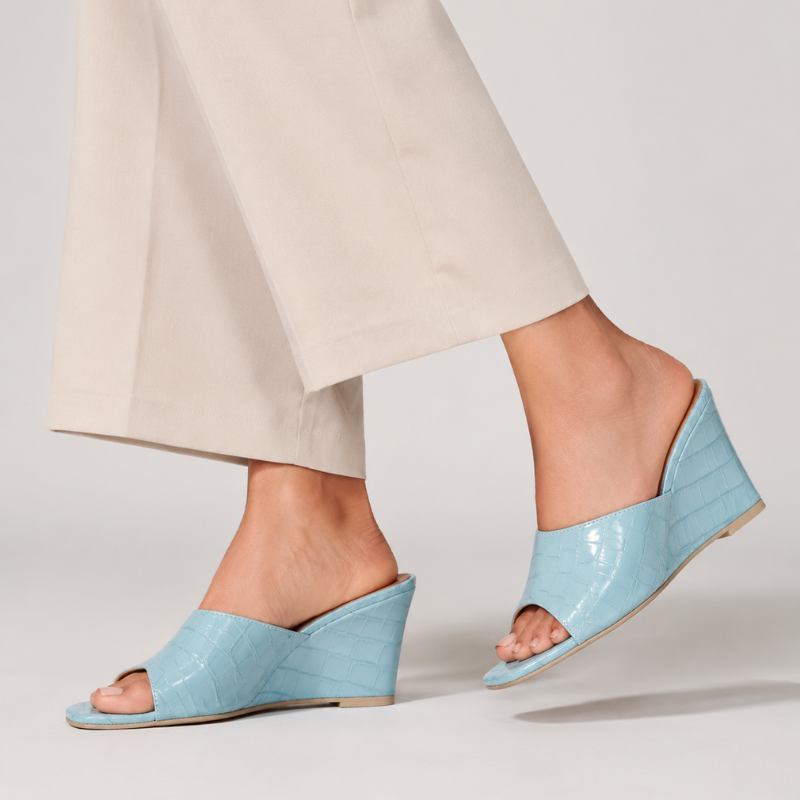 Croc-embossed open-toe wedge sandals with a slip-on style