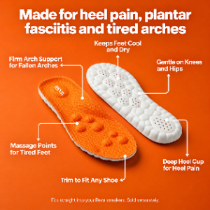 Cushioned arch support insoles with deep heel cup in orange, black and grey
