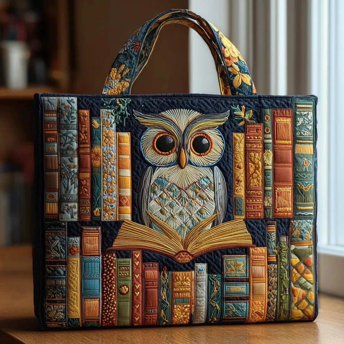 Handmade artisanal tote bag featuring an owl and vintage books design
