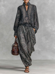 Yasmin vintage paisley print set with stand-up collar in dark gray