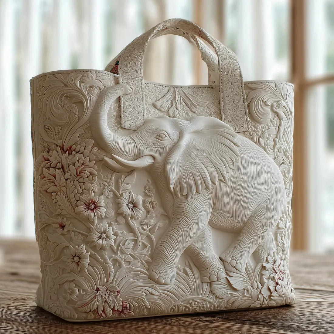 Handmade artisan tote bag featuring an elephant motif design