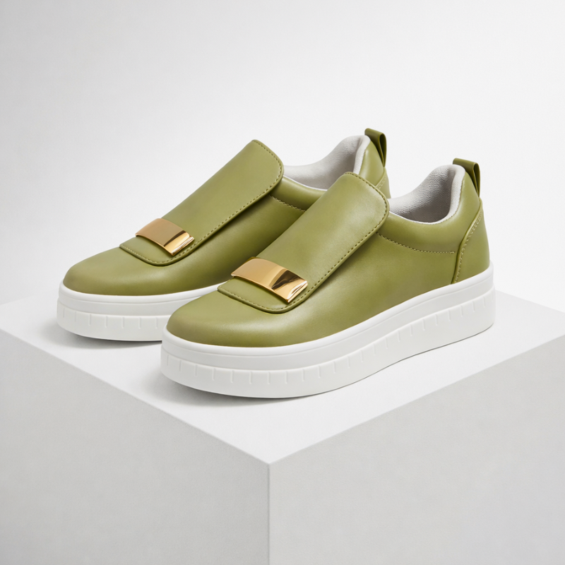 Cushioned platform slip-on shoes shown in green, white and black