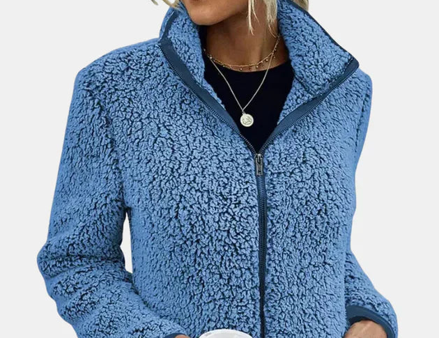Xara soft teddy fleece jacket with stand collar, contrast piping and relaxed hip-length fit