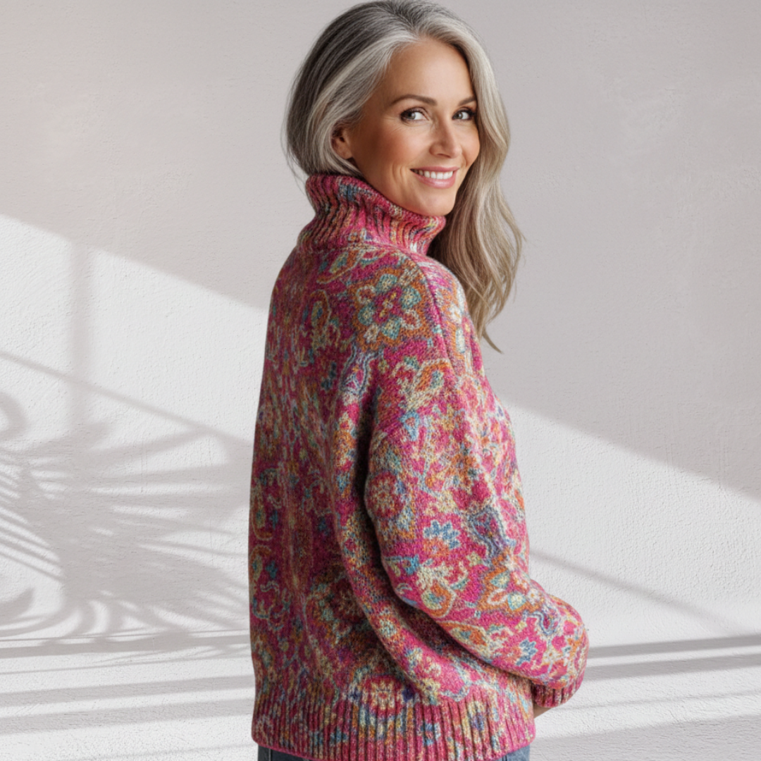 Florence floral knit turtleneck in pink with a cosy soft weave