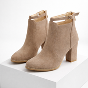 Vikky suede block heels with ankle strap and gold-tone buckle in beige and black
