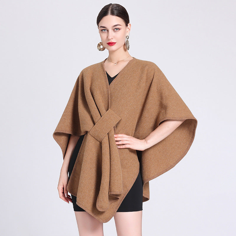 Marina caped fleece shawl draped over the shoulders in a relaxed universal fit
