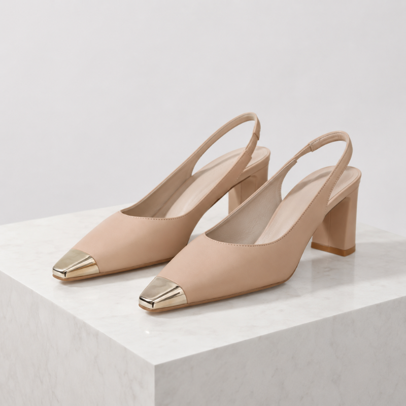 Square toe slingback heels with flared heel and elasticated back strap in white, beige and black