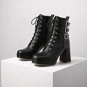 Elvira chunky heel lace-up boots in eco leather with buckle detail and side zipper