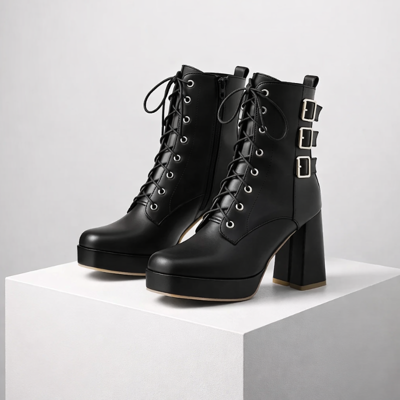 Elvira chunky heel lace-up boots in eco leather with buckle detail and side zipper