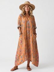 Romy orange printed oversized midi dress with notch neck and roomy pockets
