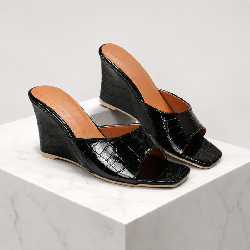 Croc-embossed open-toe wedge sandals with a slip-on style