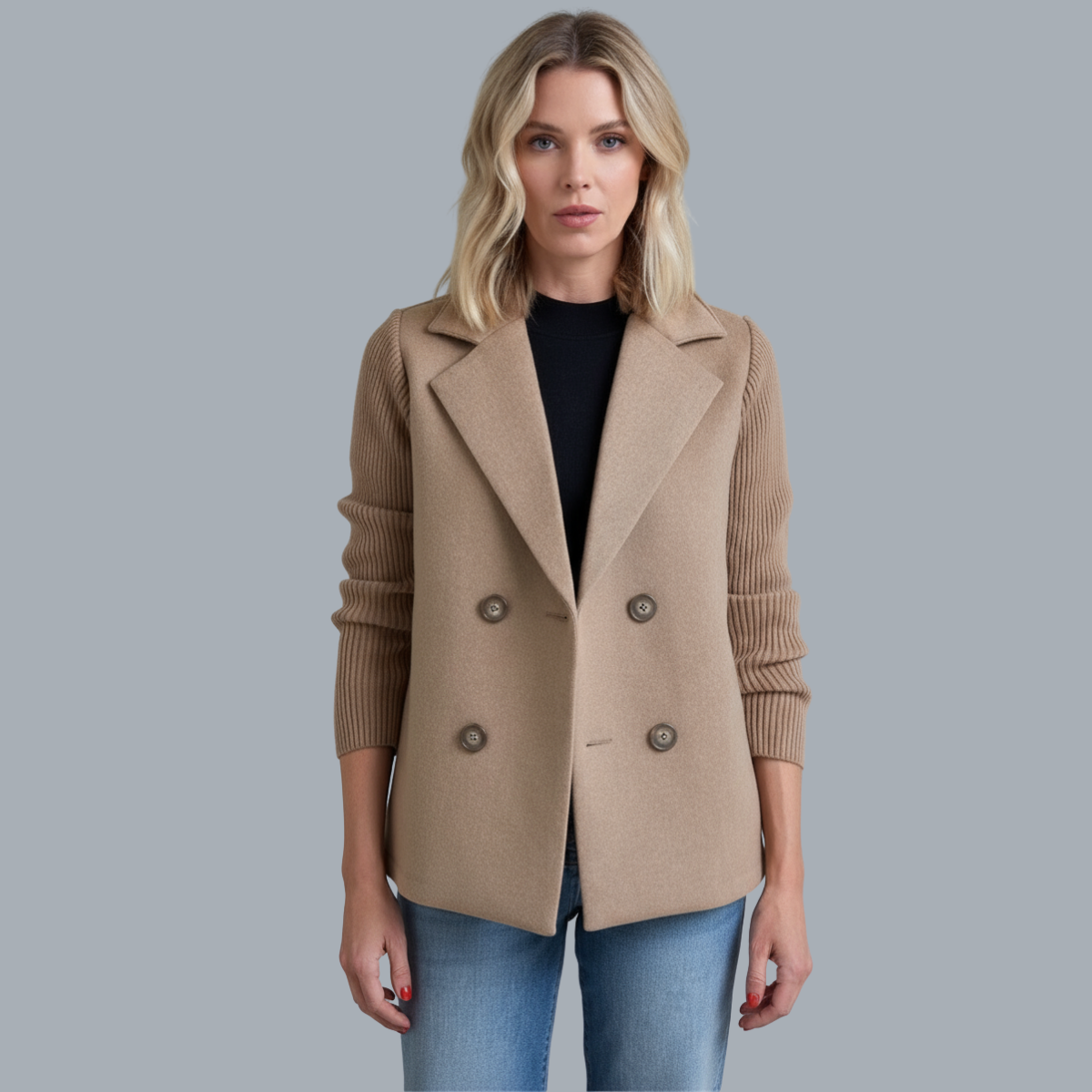 Sasha soft ribbed unstructured blazer coat in a neutral tone with full-length sleeves