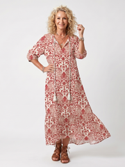 Noelle relaxed-fit red ornate print midi dress with tassel tie and pockets