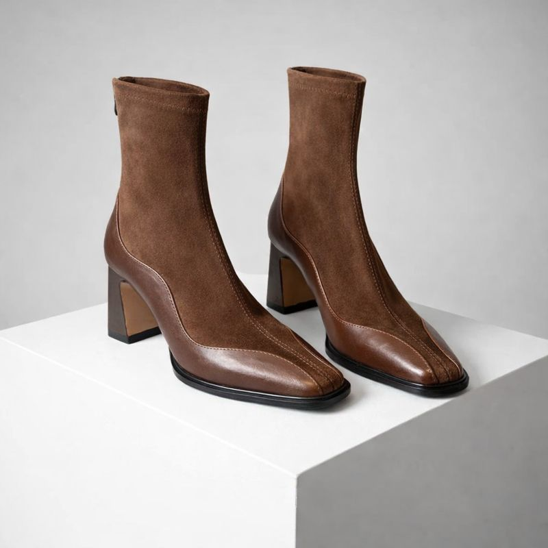 Square toe suede ankle boots with chunky block heel and back zipper in brown and black