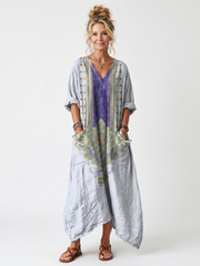 Raina multicolour contrast panel embroidered oversized midi dress with pockets