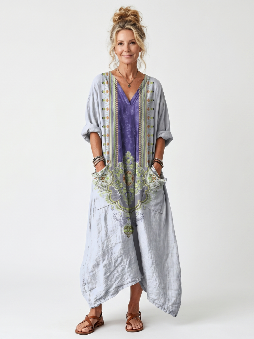 Raina multicolour contrast panel embroidered oversized midi dress with pockets