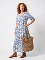Ottoline blue printed midi dress with tassel tie neckline and relaxed silhouette