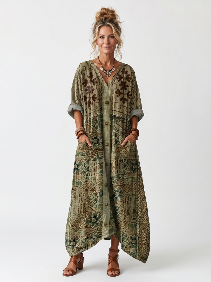 Green button front embroidered oversized pocket midi dress in a relaxed silhouette