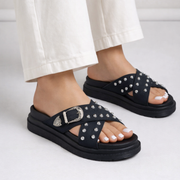 Chunky platform buckle sandals with crossed straps and metallic bead detailing