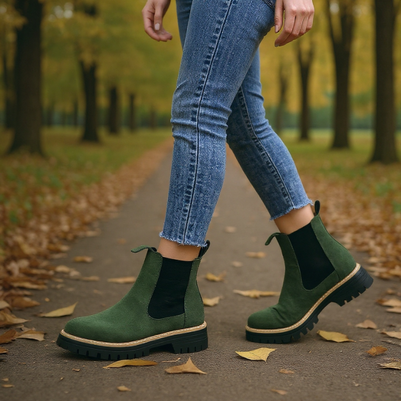 Suede Chelsea boots with elastic sides and pull tabs in grey and green