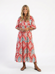 Zaria red paisley print V-neck short sleeve midi dress with a relaxed silhouette