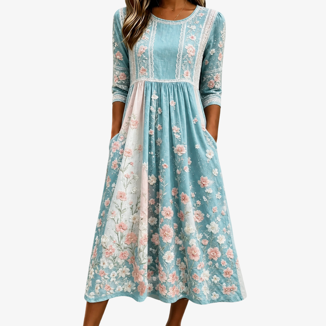Carmen lightweight floral patchwork summer dress with pockets, front view