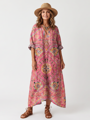 Pink abstract print relaxed midi dress with oversized pockets