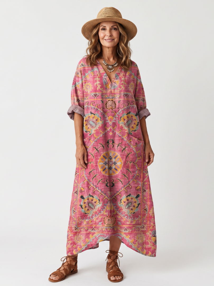 Pink abstract print relaxed midi dress with oversized pockets