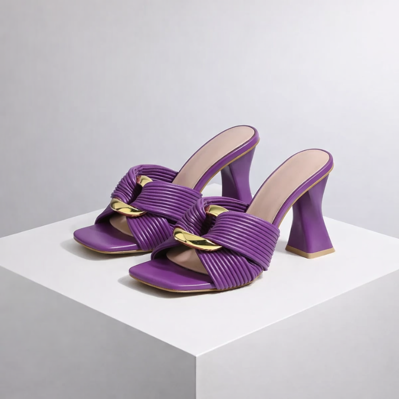 Chunky heel sandals with gold-tone buckle detail and open square toe