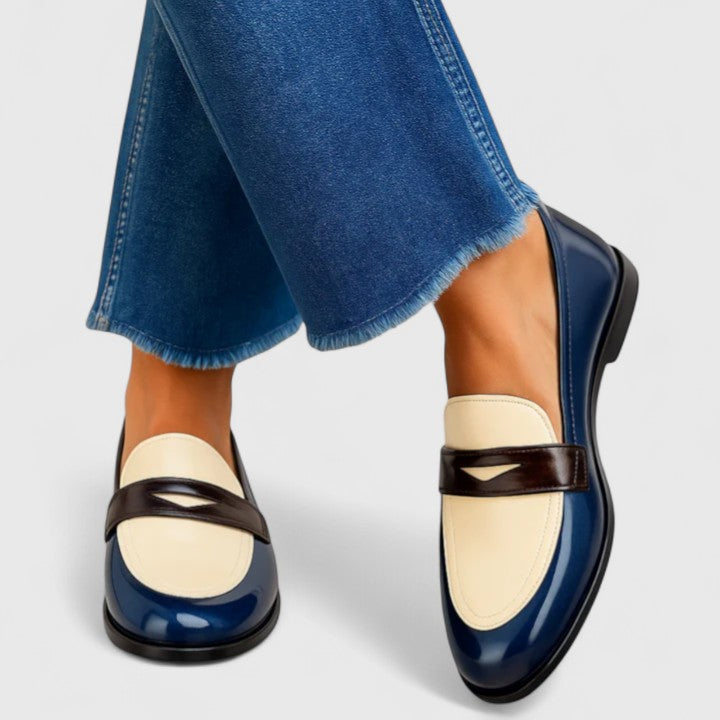 Trixie elegant slip-on loafers for women shown in white and blue