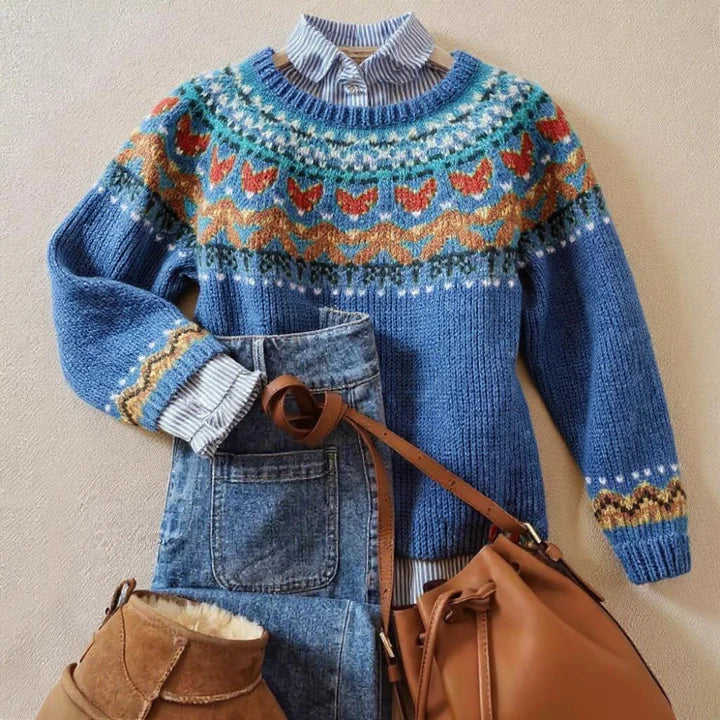 Velvo classic vintage knit sweater in blue with a cosy textured weave