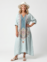 Sky blue Kassiani oversized midi dress with ornate embroidered panels and pockets