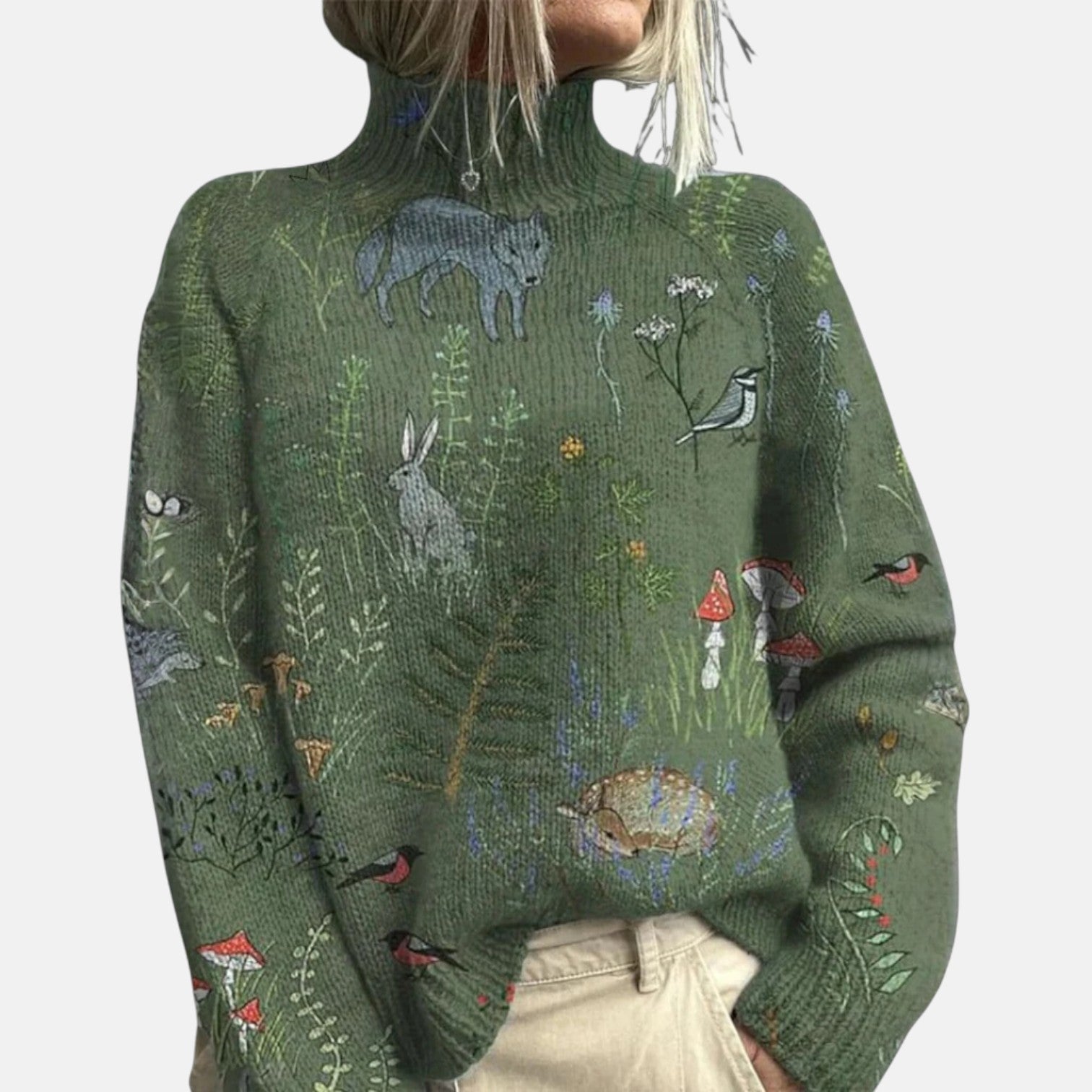 Aimelie relaxed-fit turtleneck jumper with ribbed cuffs, shown in green, blue and light blue