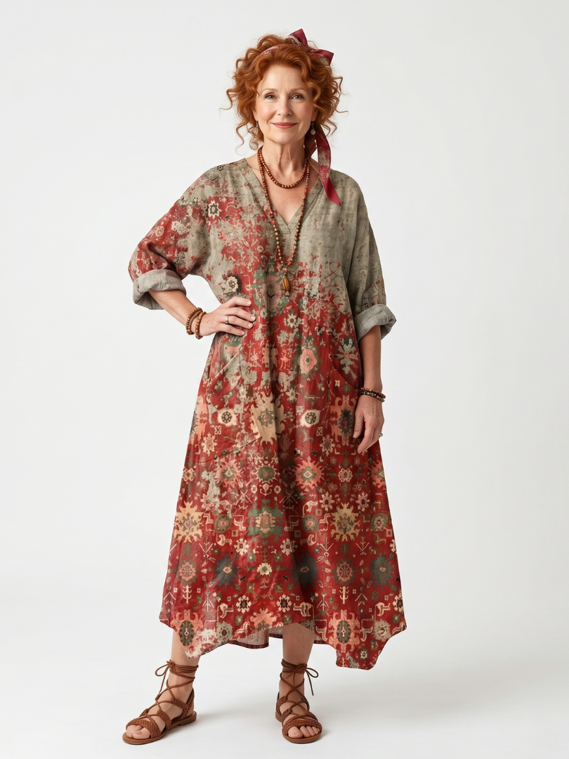 Marigolde relaxed midi dress in a multicolour mixed pattern with oversized pockets