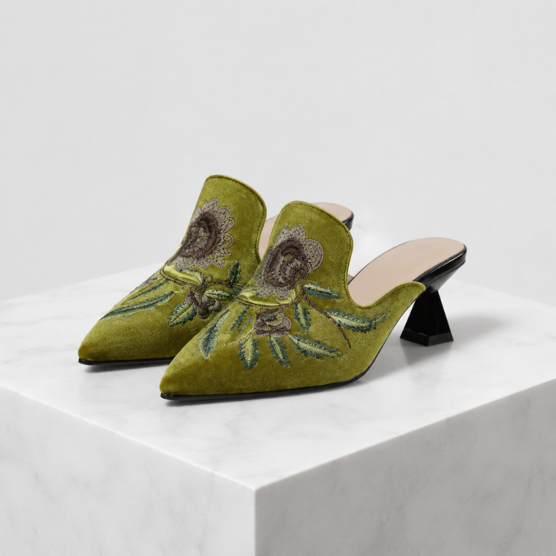 Embroidered velvet pointed-toe mules with floral detail and low flared heel
