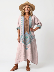 Pink embroidered panel relaxed midi dress with oversized pockets