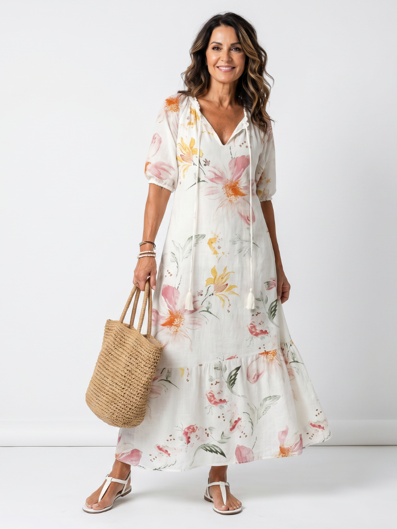 Noa white floral tiered midi dress with tassel details and a relaxed silhouette