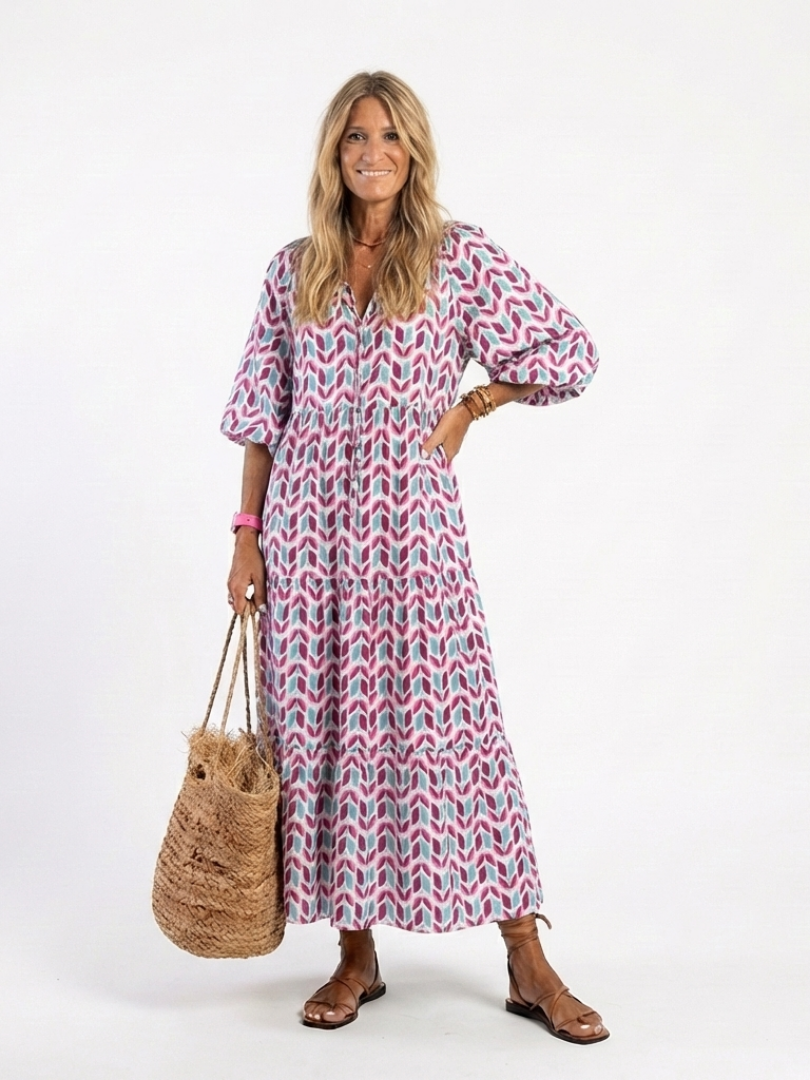 Mireya rose gold geometric print long sleeve tiered midi dress with relaxed silhouette