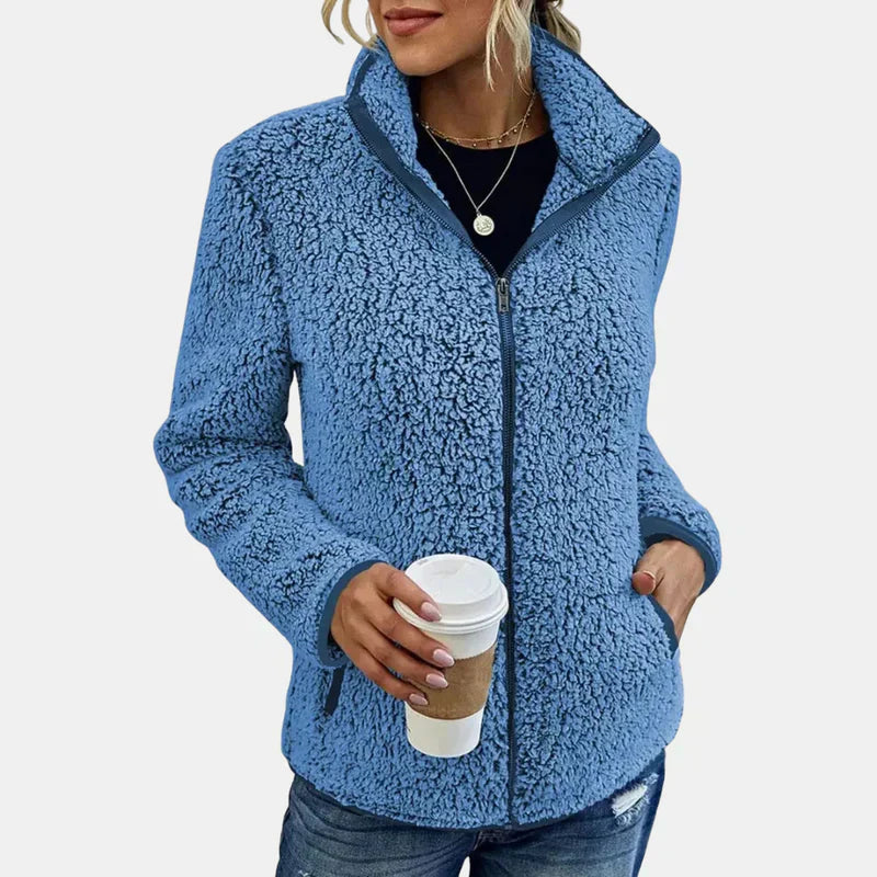 Xara soft teddy fleece jacket with stand collar, contrast piping and relaxed hip-length fit
