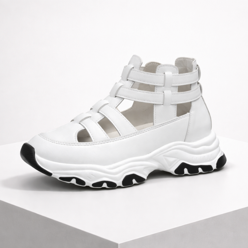 Jade sneaker-inspired closed-toe platform sandals with cushioned sole and zip closure