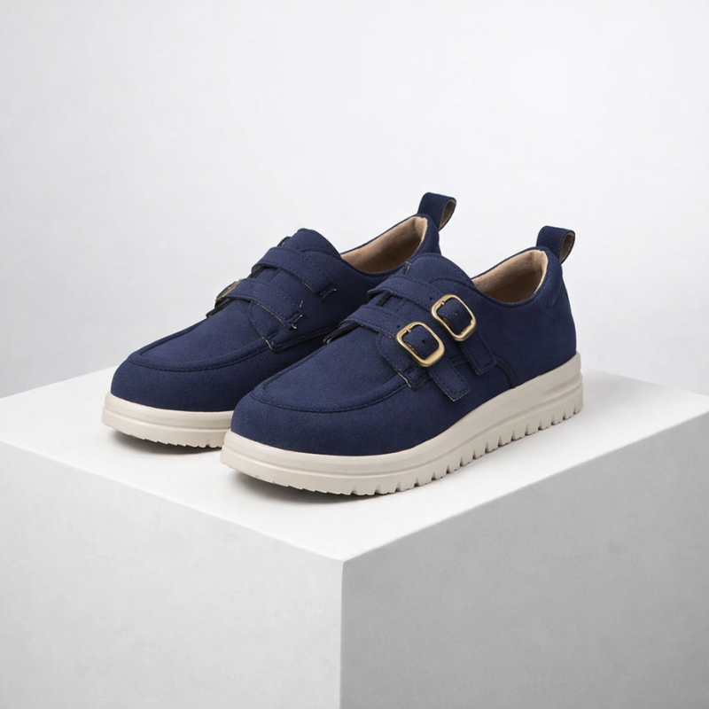 Slip-on platform loafers with double buckle details in camel, beige and blue