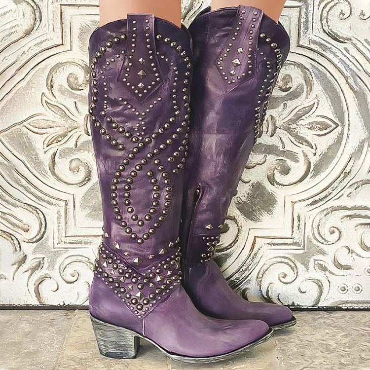 Orena | Pointed Toe Knee-High Block Heel Boots