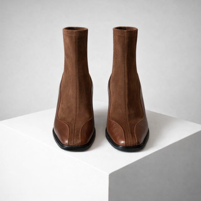Square toe suede ankle boots with chunky block heel and back zipper in brown and black