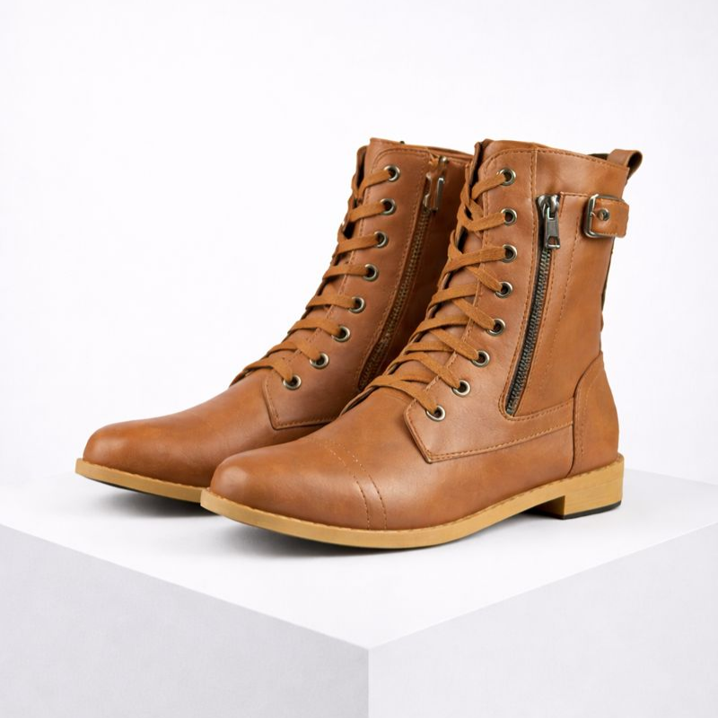 Eco-leather lace-up boots with buckle detail, side zip and a low heel