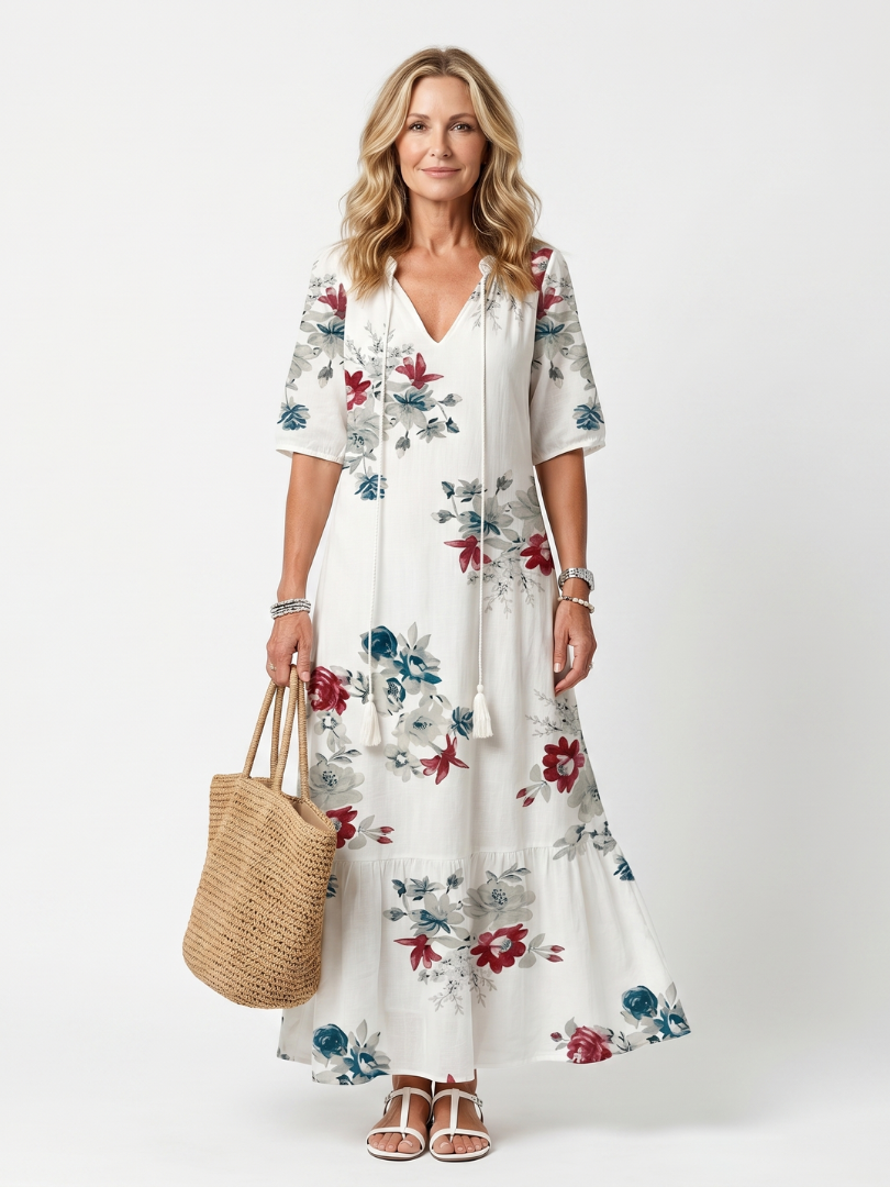 Maeva white scattered floral tassel tie midi dress with a relaxed silhouette and pockets