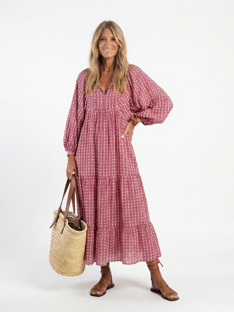 Arlette relaxed-fit geometric print long sleeve midi dress with pockets