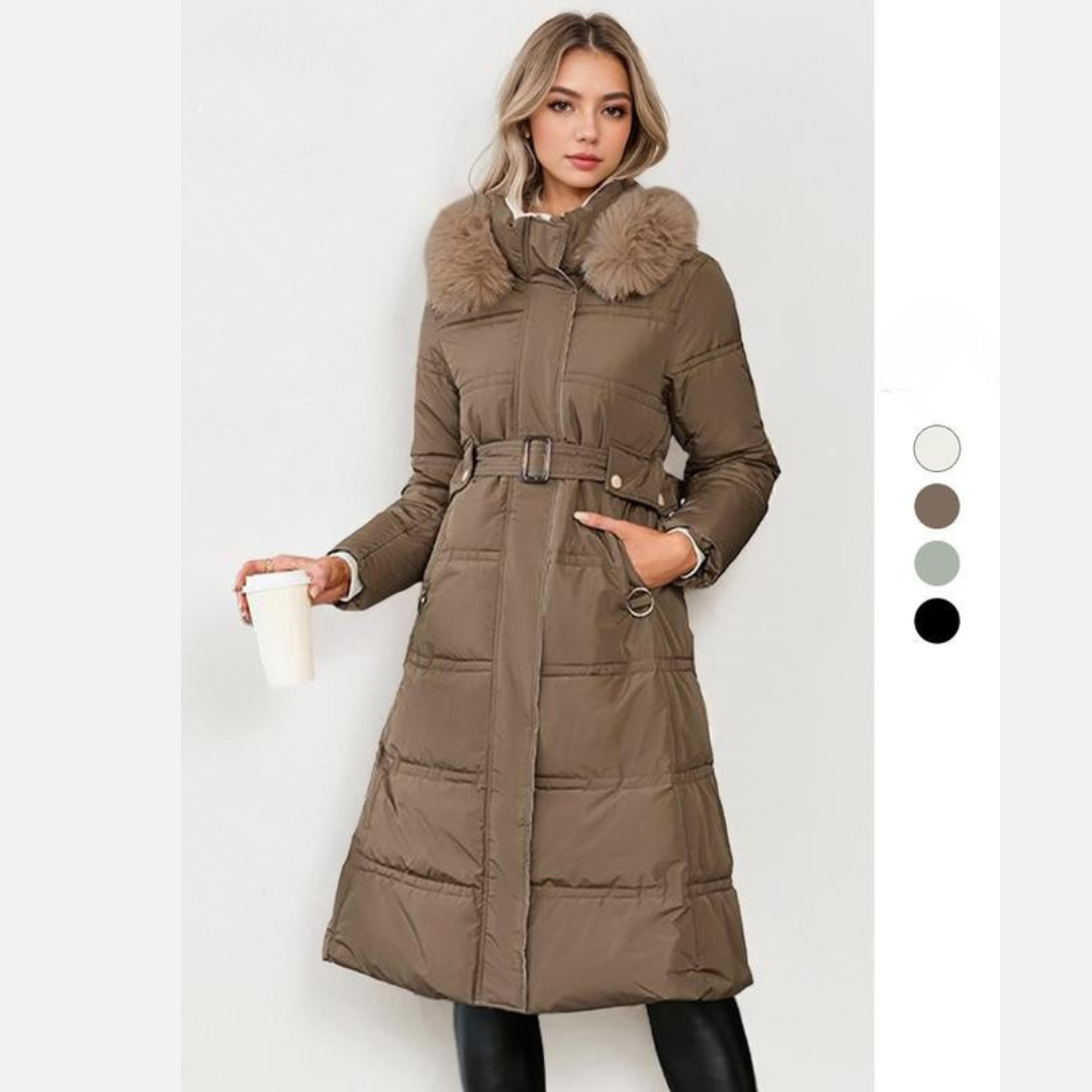 Leyla plush belted coat with waist tie shown in brown, black, off white and pale green