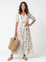 Sylvie white botanical print midi dress with tassel tie and relaxed silhouette